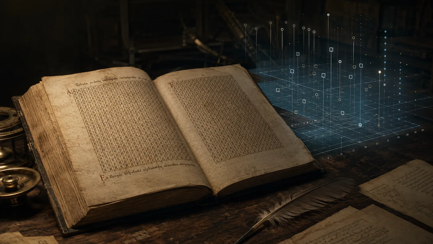 Open historical cipher manuscript beside a blue computational pattern visualization