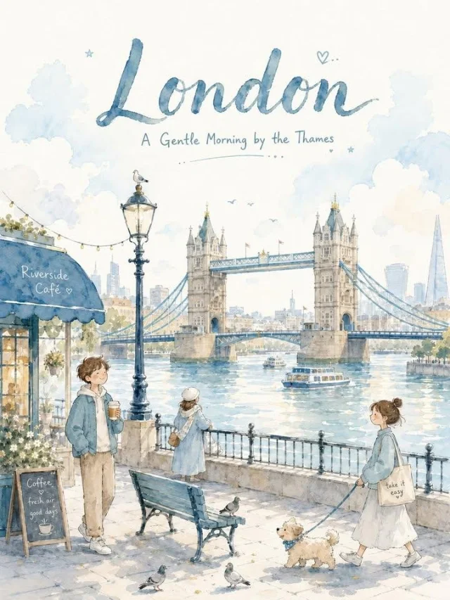 A warm minimal watercolor London city postcard poster with blue handwritten typography, Tower Bridge, Thames riverside café, soft aqua washes, and handmade paper texture.