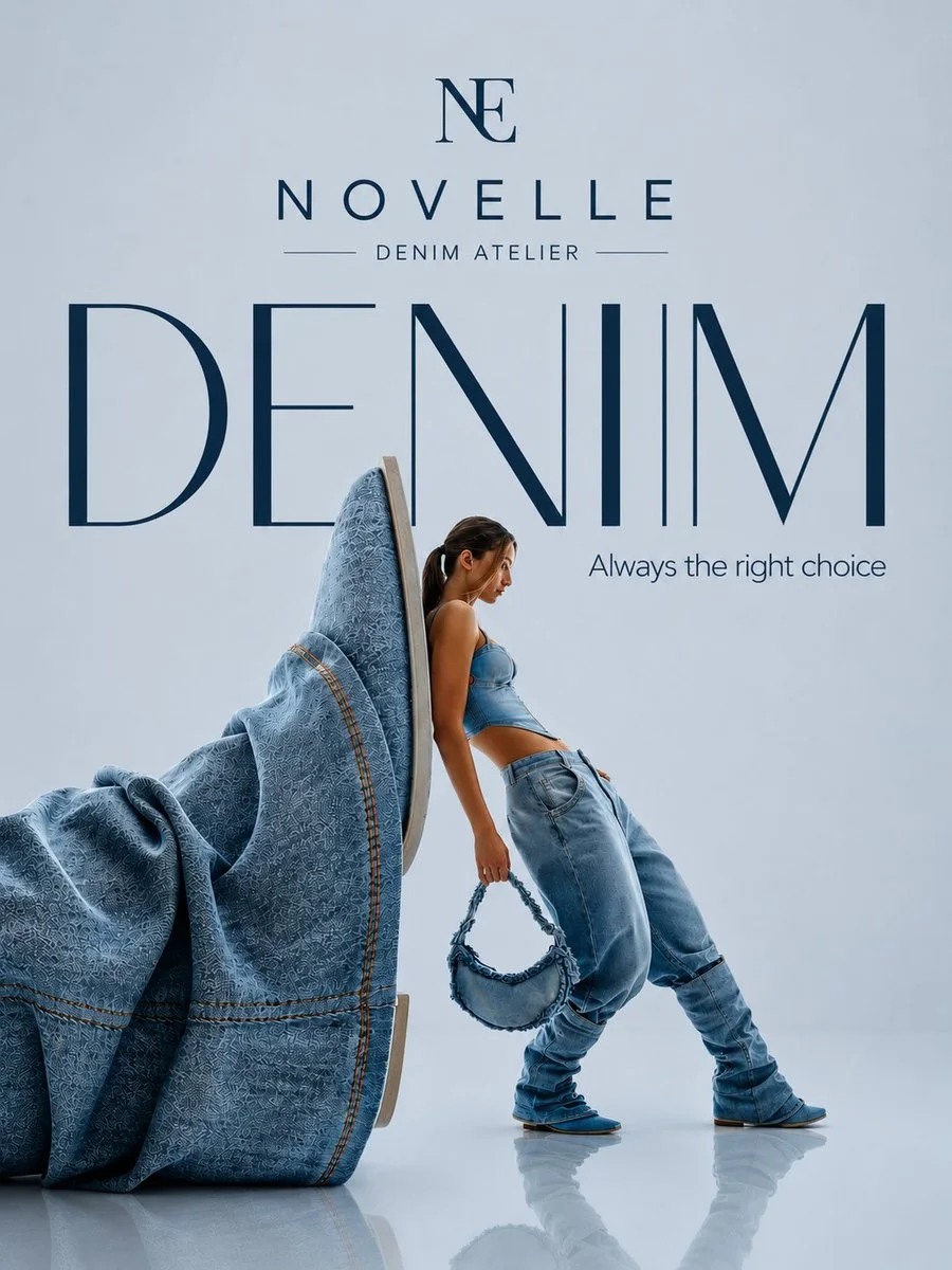 A second denim atelier ad with a model in denim leaning backward near an oversized denim high-heel shoe sculpture and navy DENIM typography.