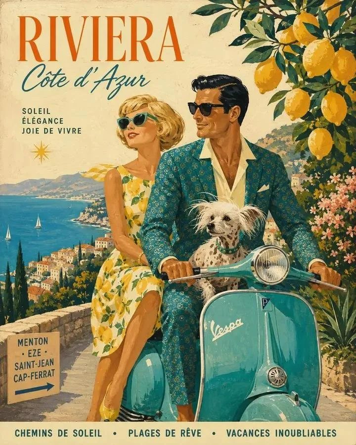A mid-century Riviera Côte d’Azur travel-ad illustration of a stylish couple riding a turquoise Vespa with a small dog, lemon trees, coastal scenery, and warm gouache texture.