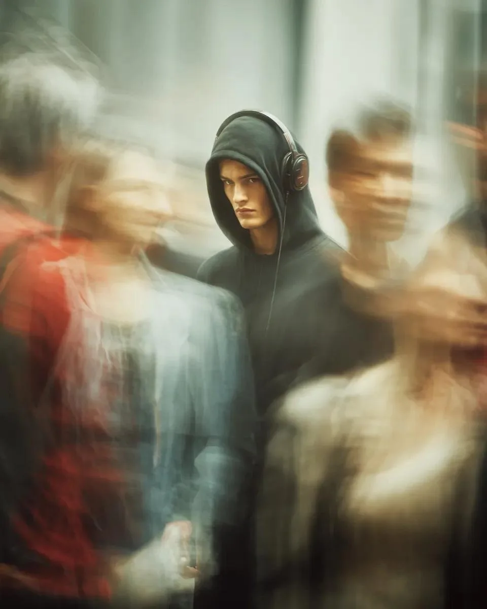 Premium fashion-editorial portrait variation of a solitary man in black streetwear surrounded by translucent motion-blurred pedestrians.