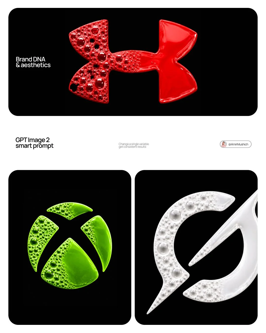 A collage of fluorescent foam and bubble-liquid brand logos on black backgrounds, including Under Armour, Xbox, and another white logo example.