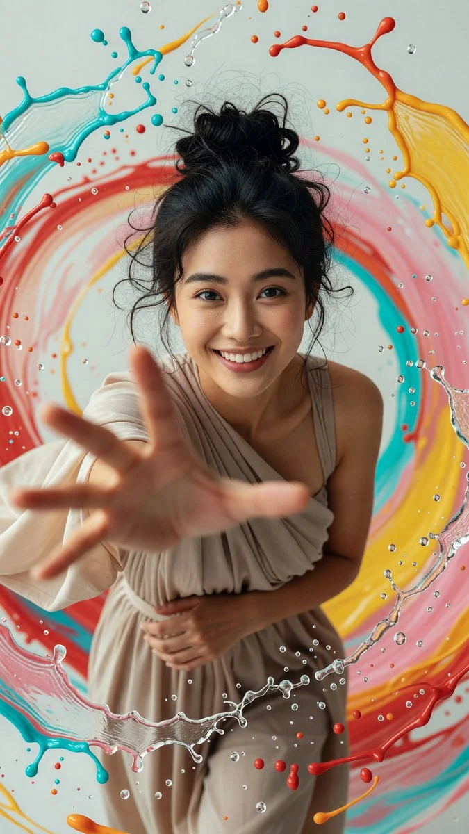 A fourth colorful splash fantasy portrait of the woman reaching forward, surrounded by paint-like fluid arcs and droplets.
