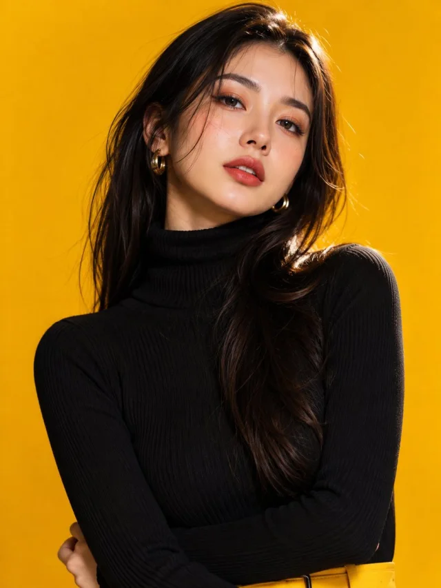 A glamorous young Japanese woman in a black ribbed turtleneck and gold hoop earrings poses confidently against a seamless golden-yellow studio background.