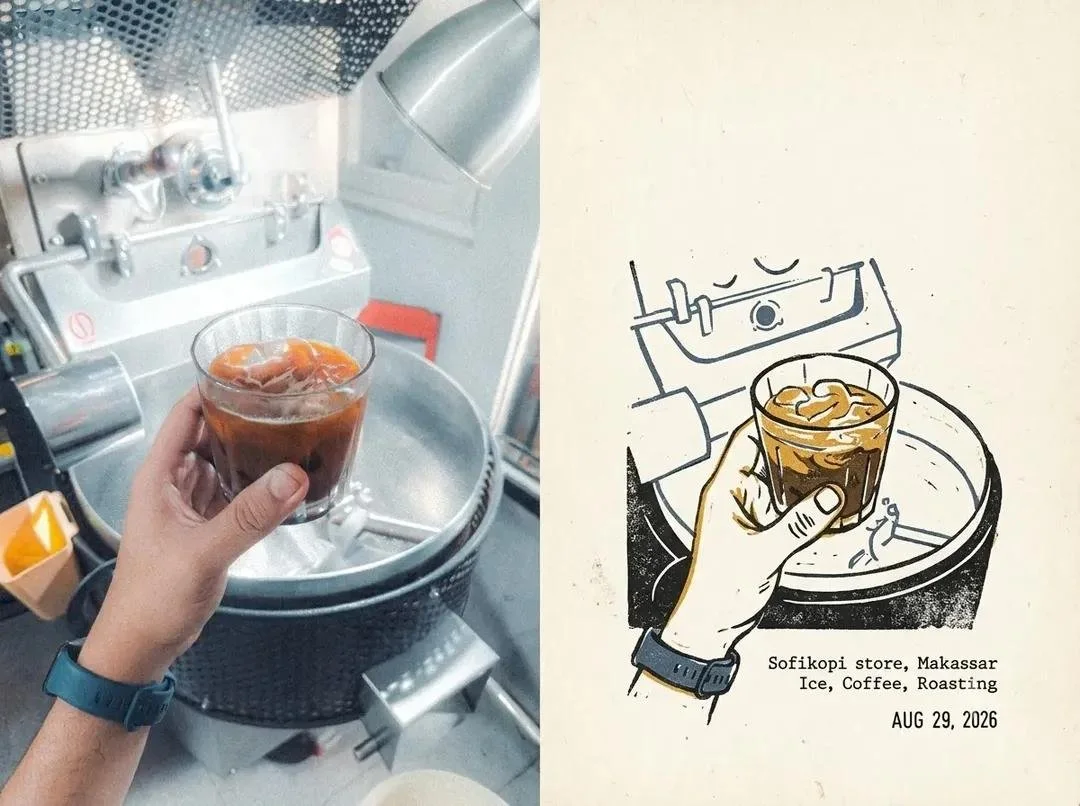 A second 4:5 café travel-journal split layout with a documentary iced-coffee photo beside a hand-drawn ink-and-watercolor sketch, muted earthy tones and grain.