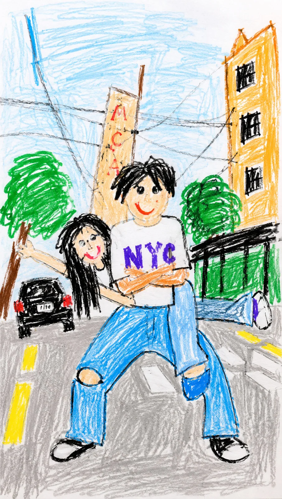 A messy crayon-style child drawing of two people in a city street scene, matching the Bad Child Drawing effect.