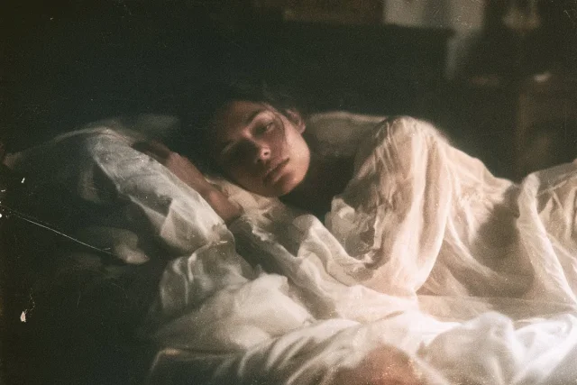 A woman in a flowing nightgown rendered like a scratched, grainy sepia silent-film dream with rose-gold accents.