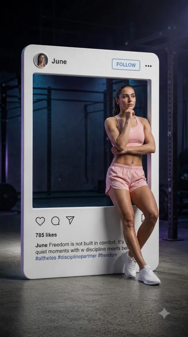 A cinematic 3D gym advertisement showing a fit female athlete in pink sportswear leaning through a giant physical social-media post frame labeled June, with FOLLOW button, likes, icons, blue-purple gym lighting, and polished concrete floor.