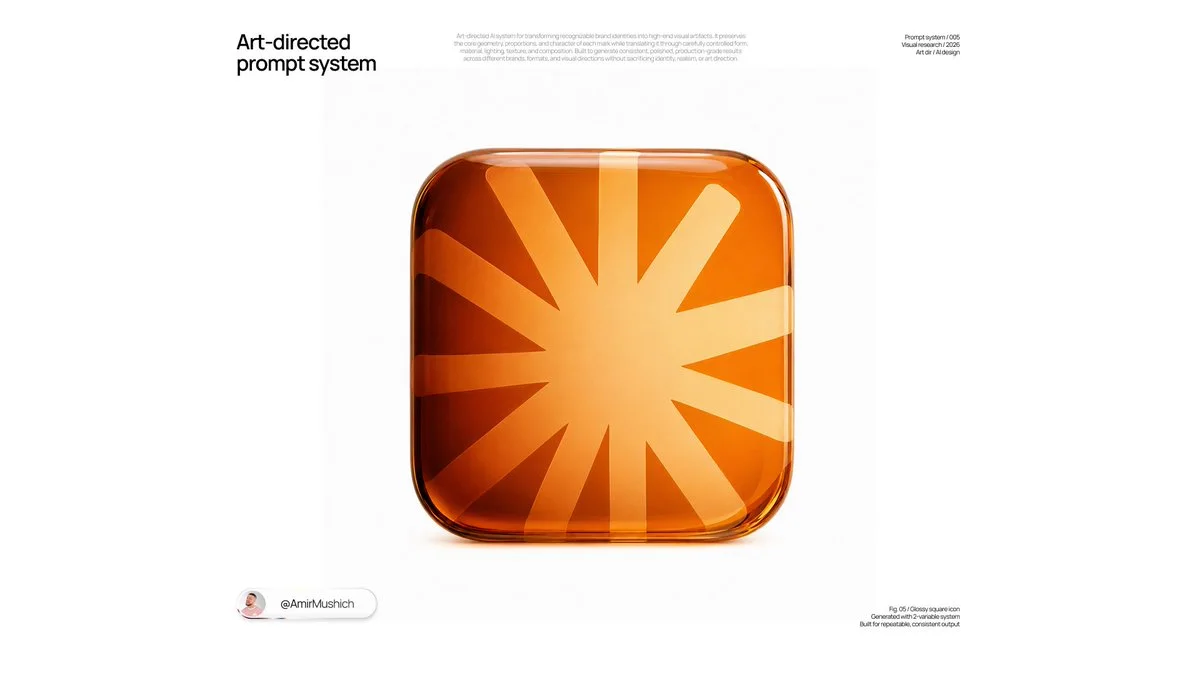 A 3D glass brand icon variation demonstrating the same path-traced rounded-square glass container system for a brand symbol.