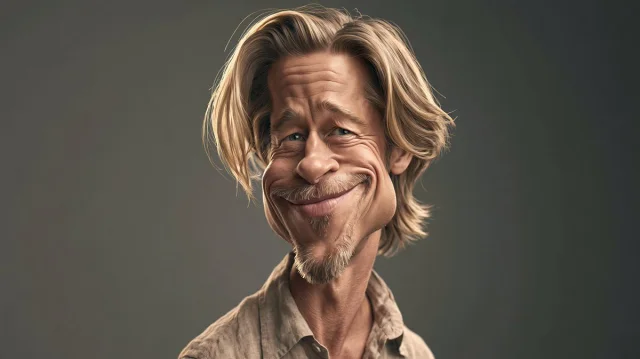 A realistic premium caricature portrait of a blond male celebrity with subtly exaggerated smile and facial features under cinematic studio lighting.