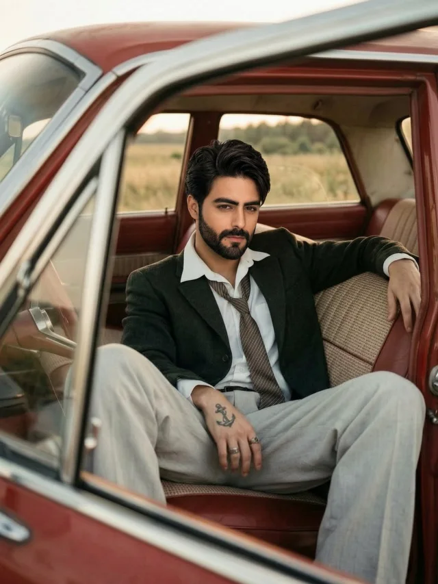 A cinematic fashion-editorial portrait of a bearded young man in a black blazer, white shirt, loose brown striped tie, and cream trousers sitting inside a vintage red station wagon, framed by the open car window with countryside fields and warm nostalgic