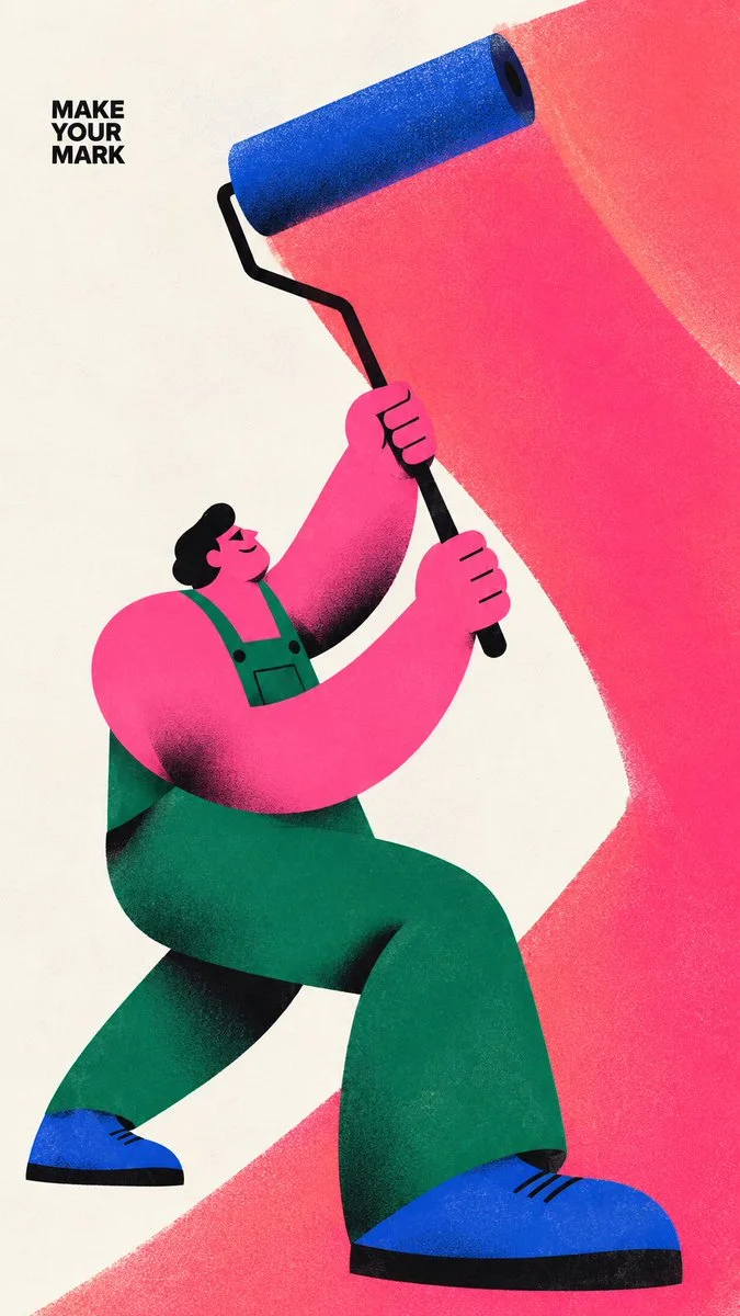 Make Your Mark: a geometric painter with giant pink arms pushes a cobalt roller upward, leaving a coral band.