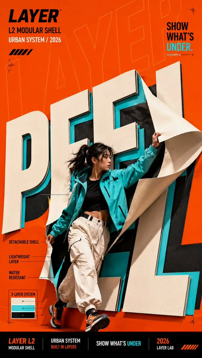 A bright orange LAYER campaign poster where the huge word PEEL appears as stacked layers peeling away while a fashion model interacts with the typography.