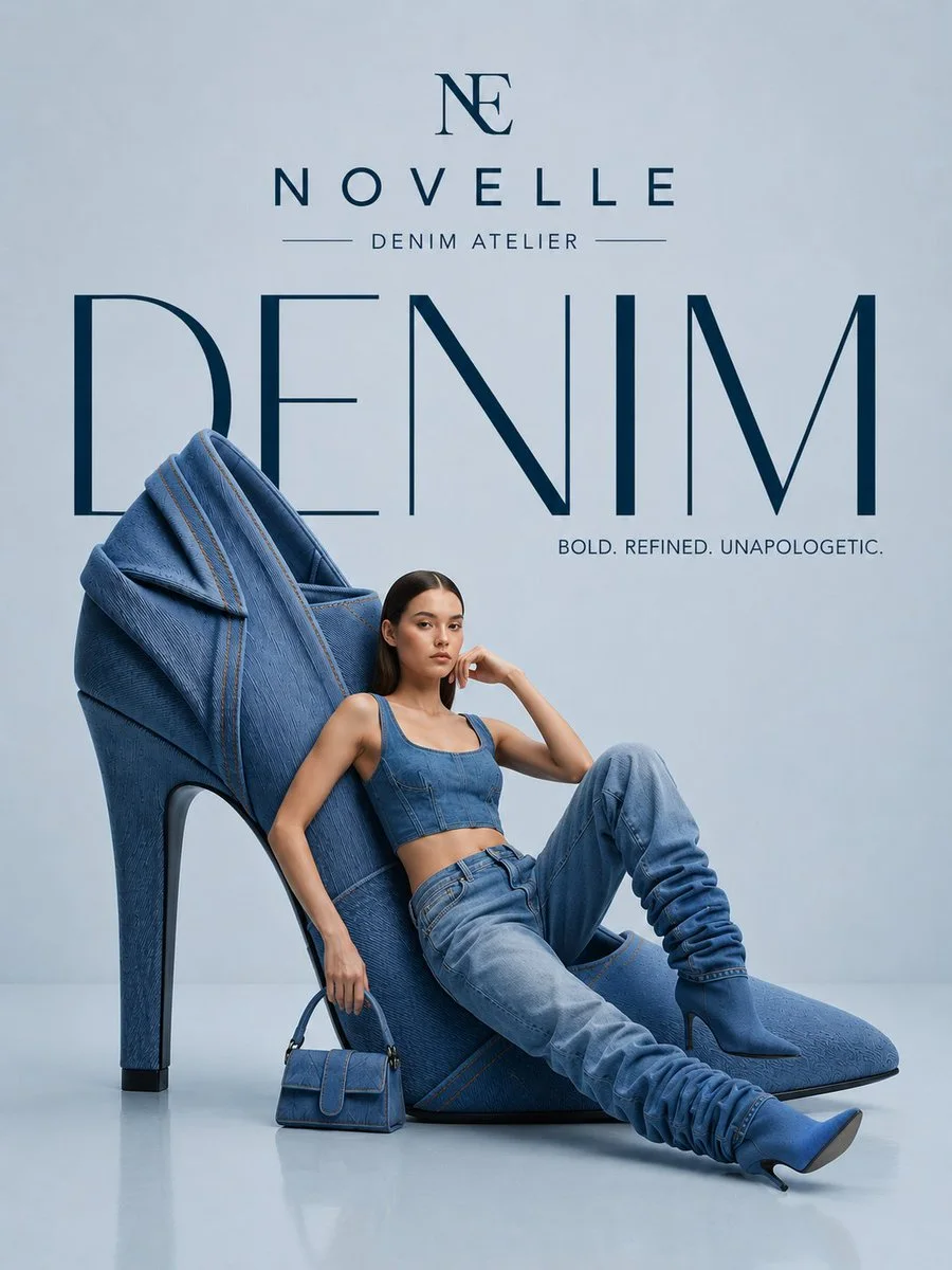 A third denim fashion ad with a seated model in denim, small handbag, blue denim stiletto sculpture and large NOVELLE DENIM typography.