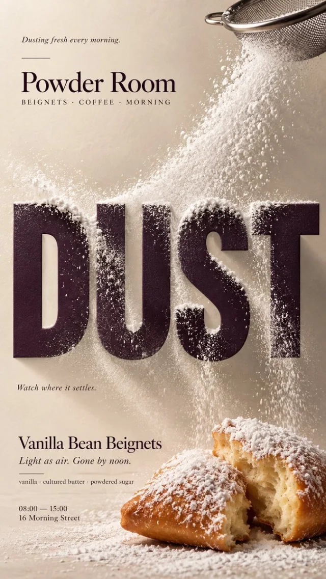 A cream editorial poster where powdered sugar falls around rigid dark letters spelling DUST above beignets.