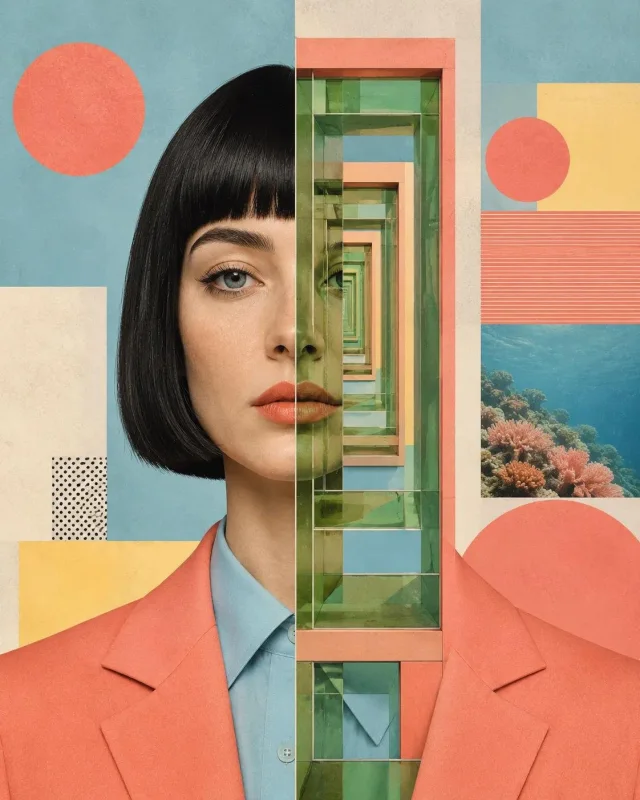 A photorealistic fashion portrait integrated with Bauhaus-style coral circles, pastel color blocks, and a vertical architectural portal strip through the face.