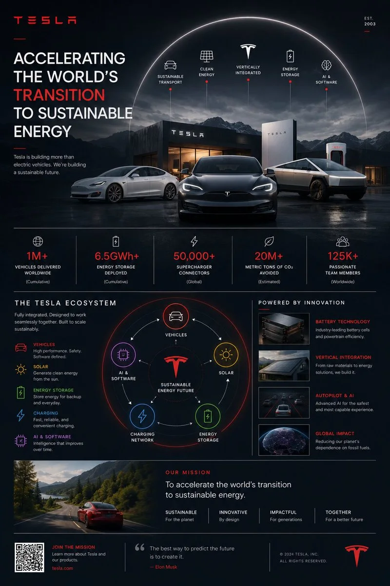 A 4:5 premium dark Tesla infographic with a cinematic dusk landscape, red energy pathway linking solar, storage, Supercharger, vehicle and AI nodes, and large “ACCELERATING THE WORLD’S TRANSITION TO SUSTAINABLE ENERGY” headline.