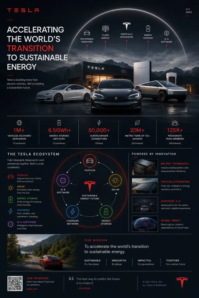 A 4:5 premium dark Tesla infographic with a cinematic dusk landscape, red energy pathway linking solar, storage, Supercharger, vehicle and AI nodes, and large “ACCELERATING THE WORLD’S TRANSITION TO SUSTAINABLE ENERGY” headline.