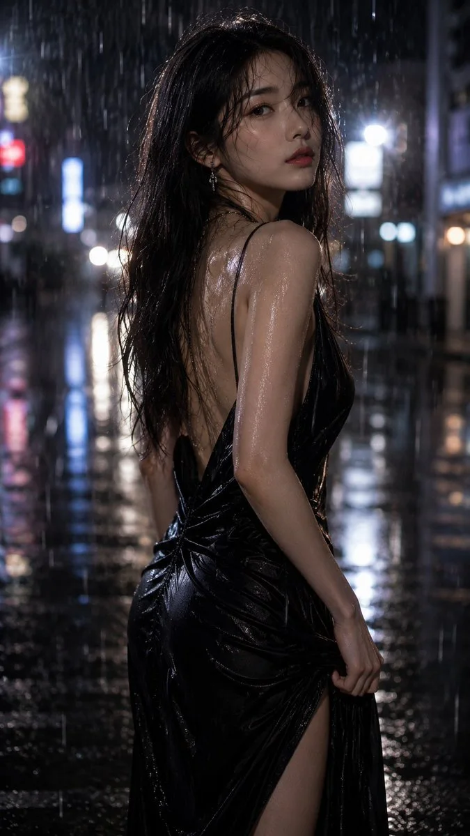 A cinematic rainy night Seoul fashion portrait of a woman with wet dark hair in a glossy black satin dress, looking over her shoulder on a reflective neon-lit street.
