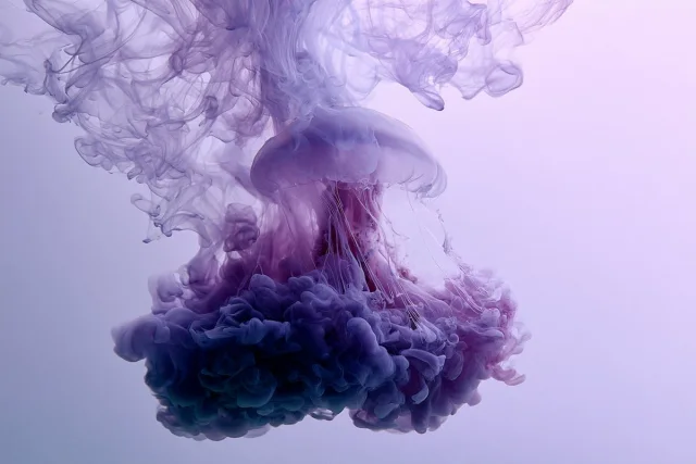 A dreamy underwater fine-art image of a translucent jellyfish-like form surrounded by purple ink plumes and soft aquatic light.