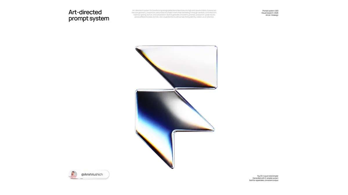 Pearl-white liquid-metal sculptural logo shown as an art-directed prompt-system result