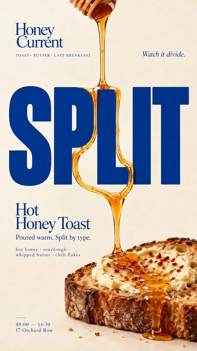 A cream editorial poster where a stream of honey splits around rigid blue letters spelling SPLIT above toast.