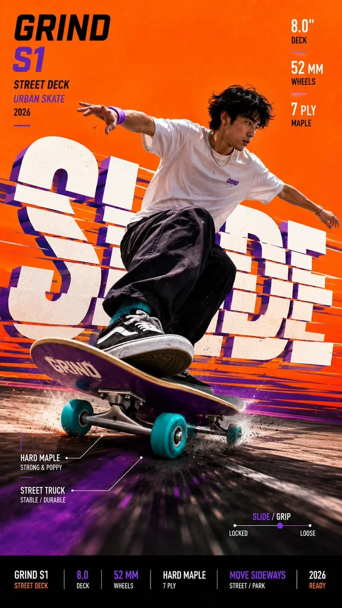 A motion poster with a skateboarder over oversized SLIDE typography on an orange background.