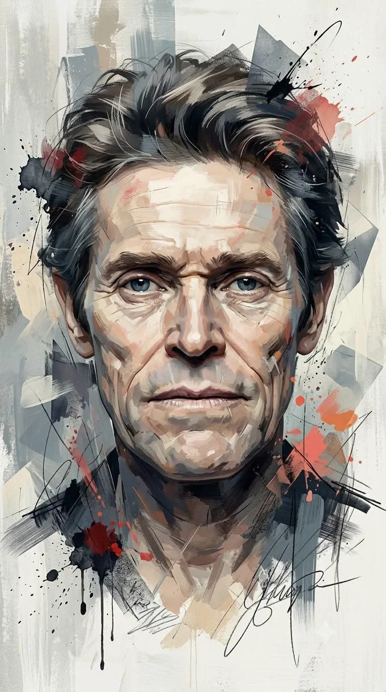 A vertical mixed-media portrait of a man with expressive oil-paint brushwork, ink splashes, charcoal marks, and muted gray-red abstract fragments.