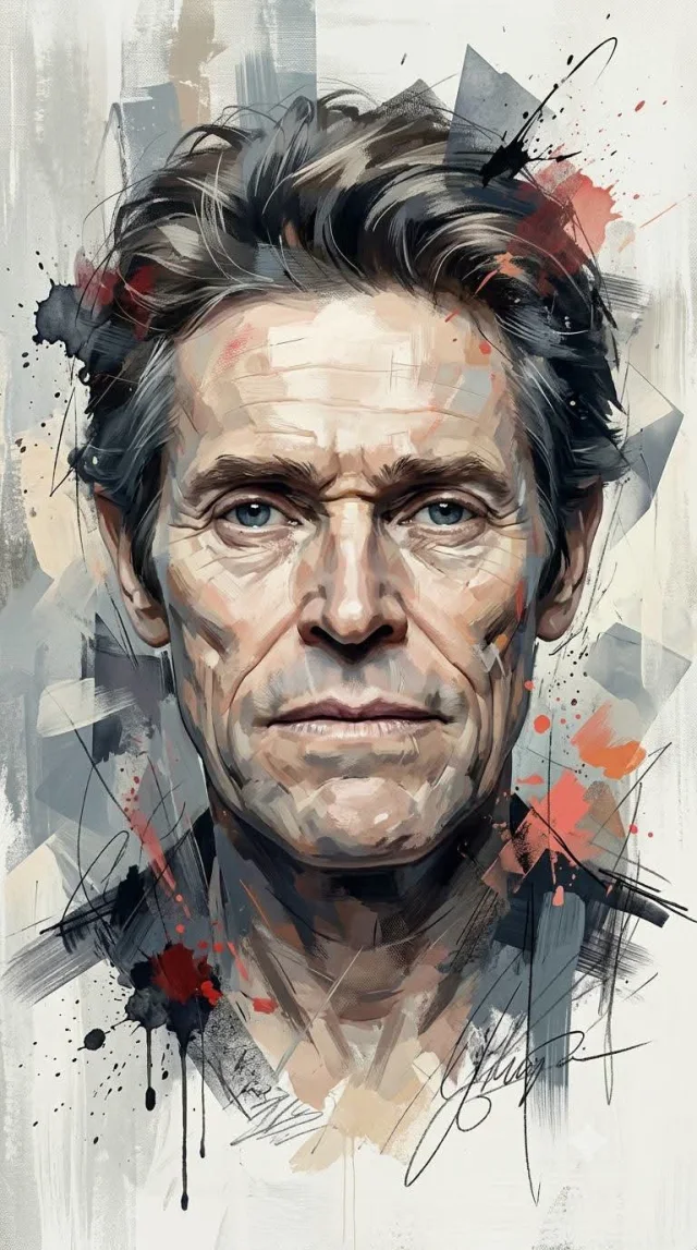 A vertical mixed-media portrait of a man with expressive oil-paint brushwork, ink splashes, charcoal marks, and muted gray-red abstract fragments.