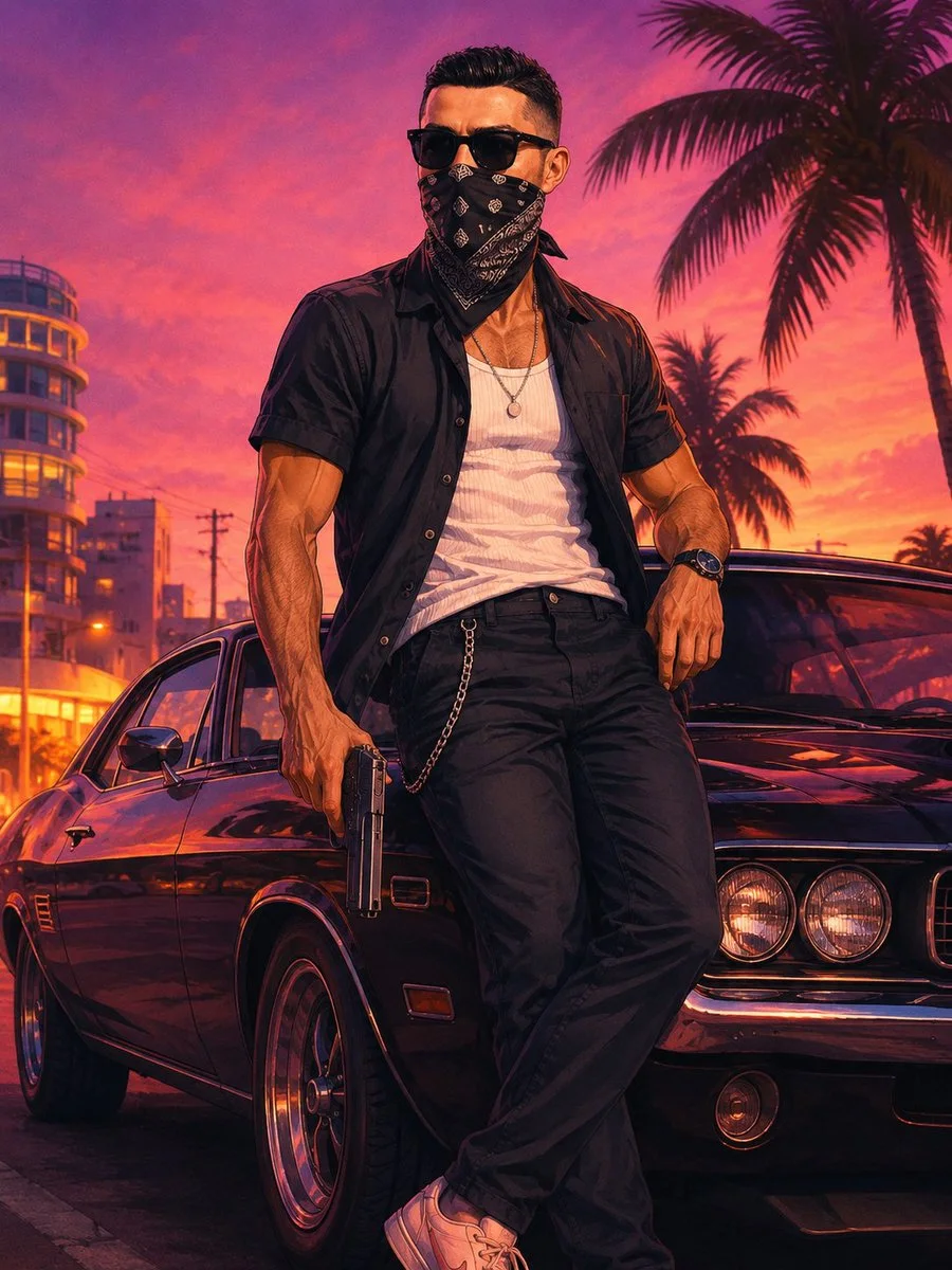 A masked male character in sunglasses leans against a classic muscle car at a neon pink-orange Vice City sunset with palm trees, holding a handgun downward.