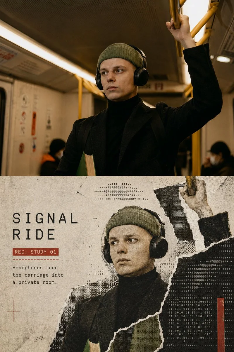A subway-travel portrait poster with a top photo and lower ASCII halftone collage showing one commuter at a station.