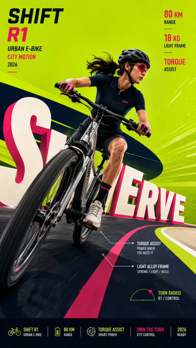 A motion poster with a cyclist in front of oversized SHIFT typography on a neon yellow-green background.