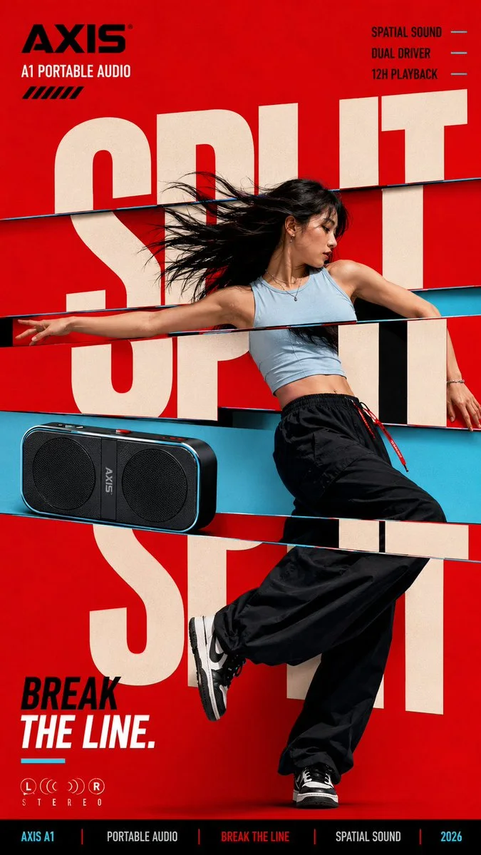 A red AXIS portable-audio campaign poster where the giant word SPLIT is sliced into horizontal strips around a dancer and speaker product.