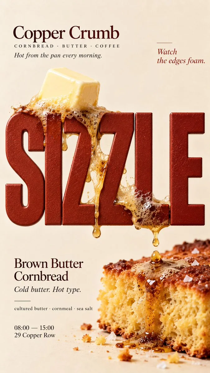 A cornbread poster where butter melts and foams against hot red letters spelling SIZZLE.