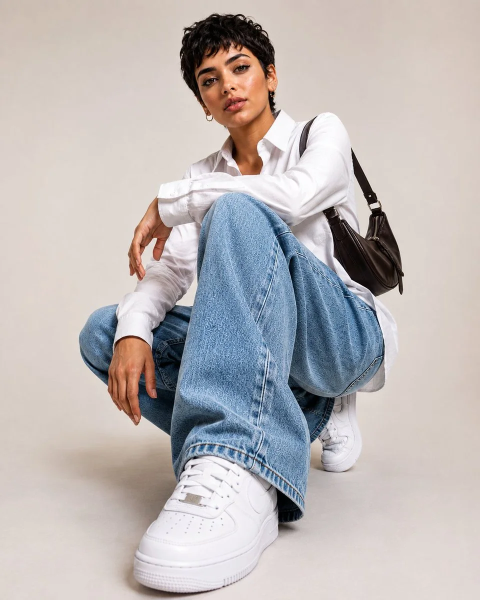 A low-angle streetwear editorial portrait of a short-haired model crouching in a white shirt, patterned light-wash jeans, white sneakers, and dark leather shoulder bag, with crisp studio light and foreground sneaker perspective.