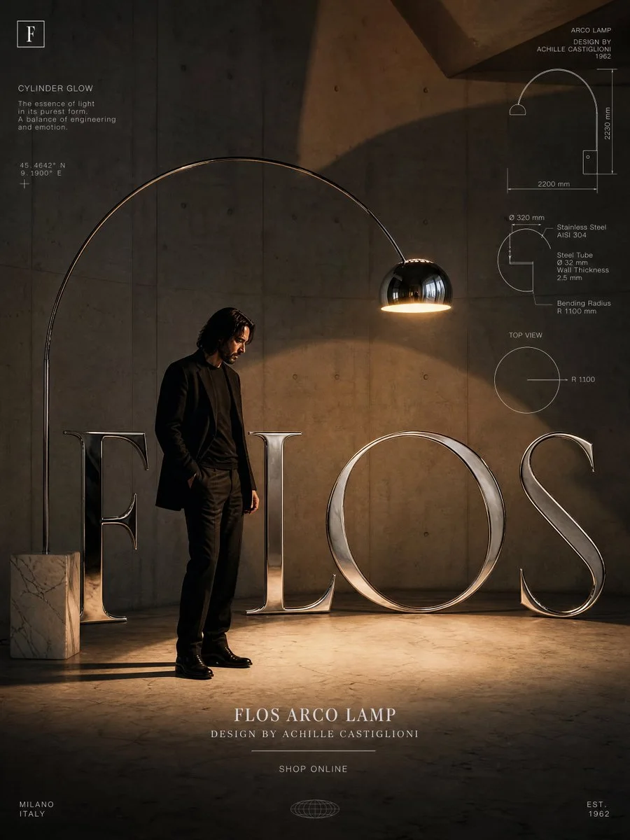 A luxury Flos Arco campaign poster featuring a dark-clad man beneath a curved chrome floor lamp, monumental FLOS typography, and technical diagrams.
