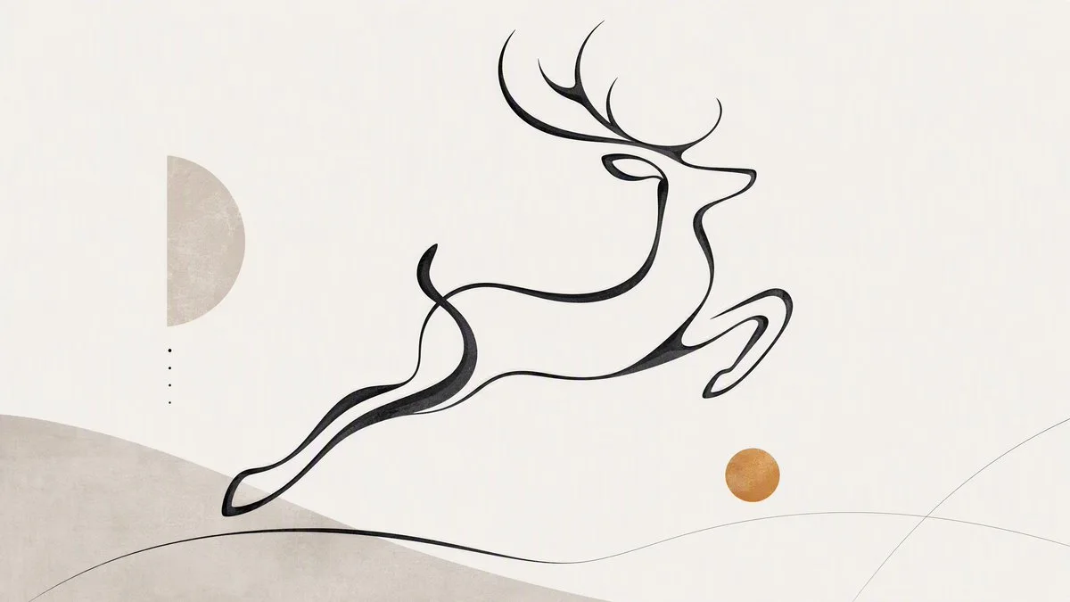 A minimalist continuous-form leaping deer illustration made from flowing black linework, pale geometric semicircle accents, a copper dot, and spacious cream gallery background.