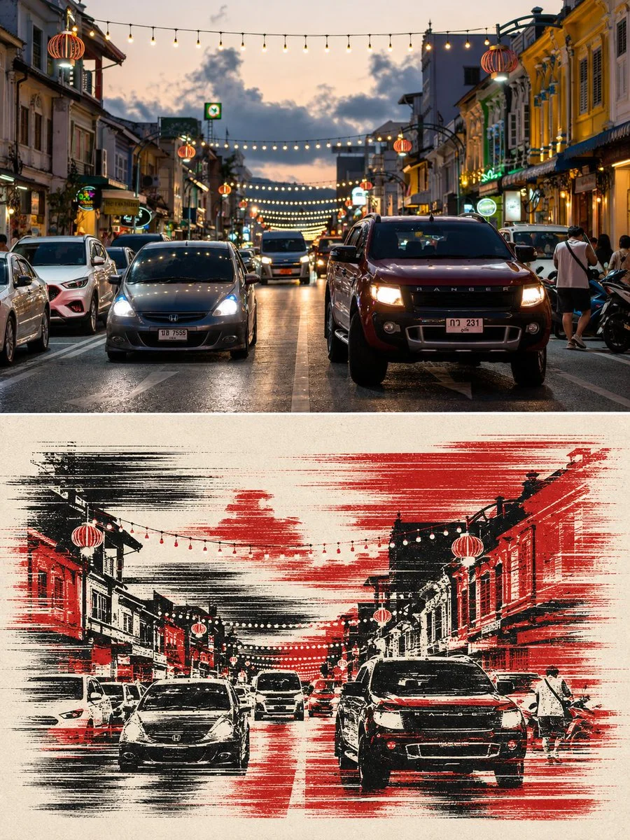 Thai evening traffic above a black-and-vermilion screenprint transformation with speed streaks.