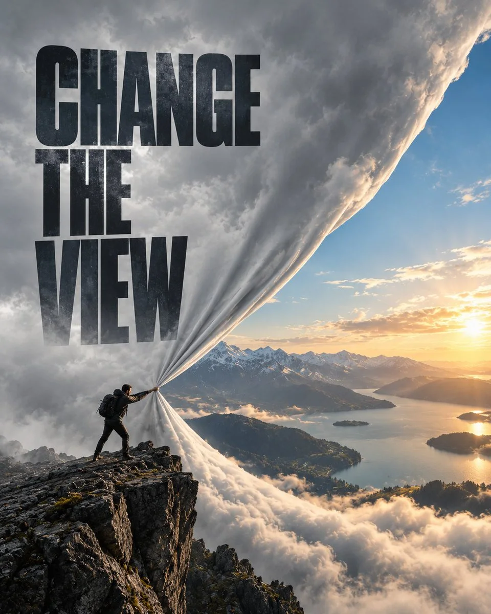A mountain poster where a person pulls aside a storm-cloud layer like fabric to reveal a bright sunrise landscape, with the headline CHANGE THE VIEW.