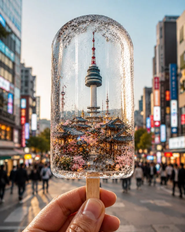 A hand holds a crystal-clear ice popsicle containing a miniature Seoul/Namsan Tower city scene, with a blurred urban street behind it.