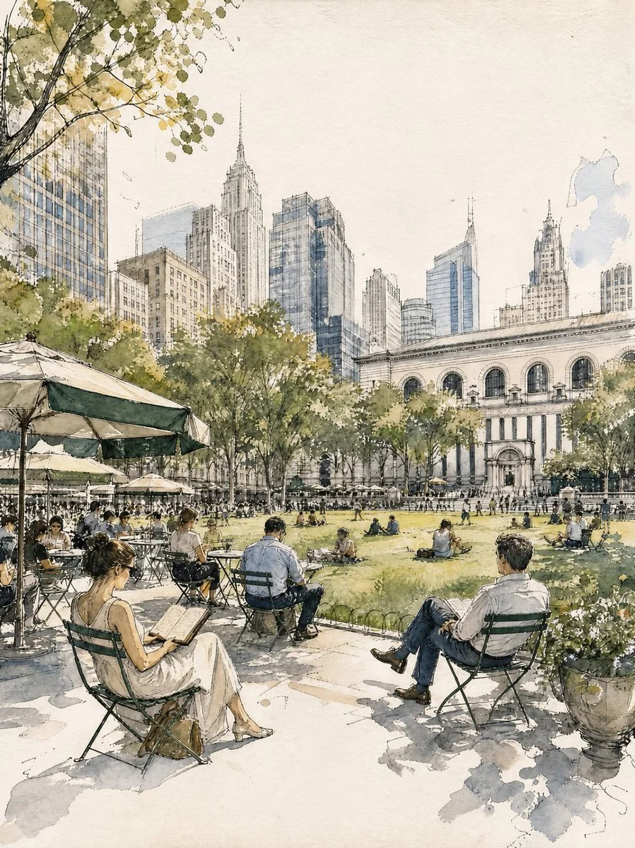 A 4:5 vintage European-style travel illustration of a city park with a Manhattan skyline, relaxing people, a picnic couple, and a stone arch bridge in ink-and-watercolor on cream paper.