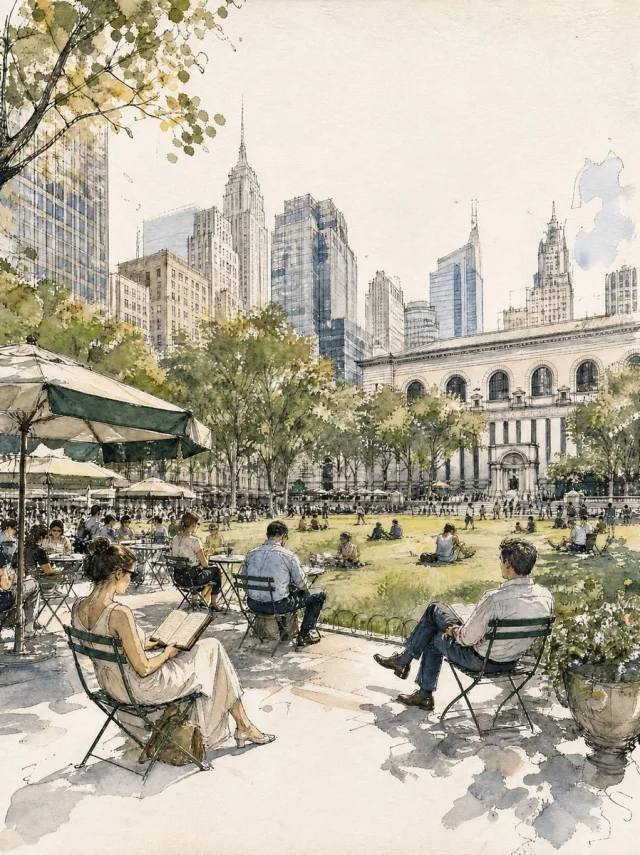 A 4:5 vintage European-style travel illustration of a city park with a Manhattan skyline, relaxing people, a picnic couple, and a stone arch bridge in ink-and-watercolor on cream paper.