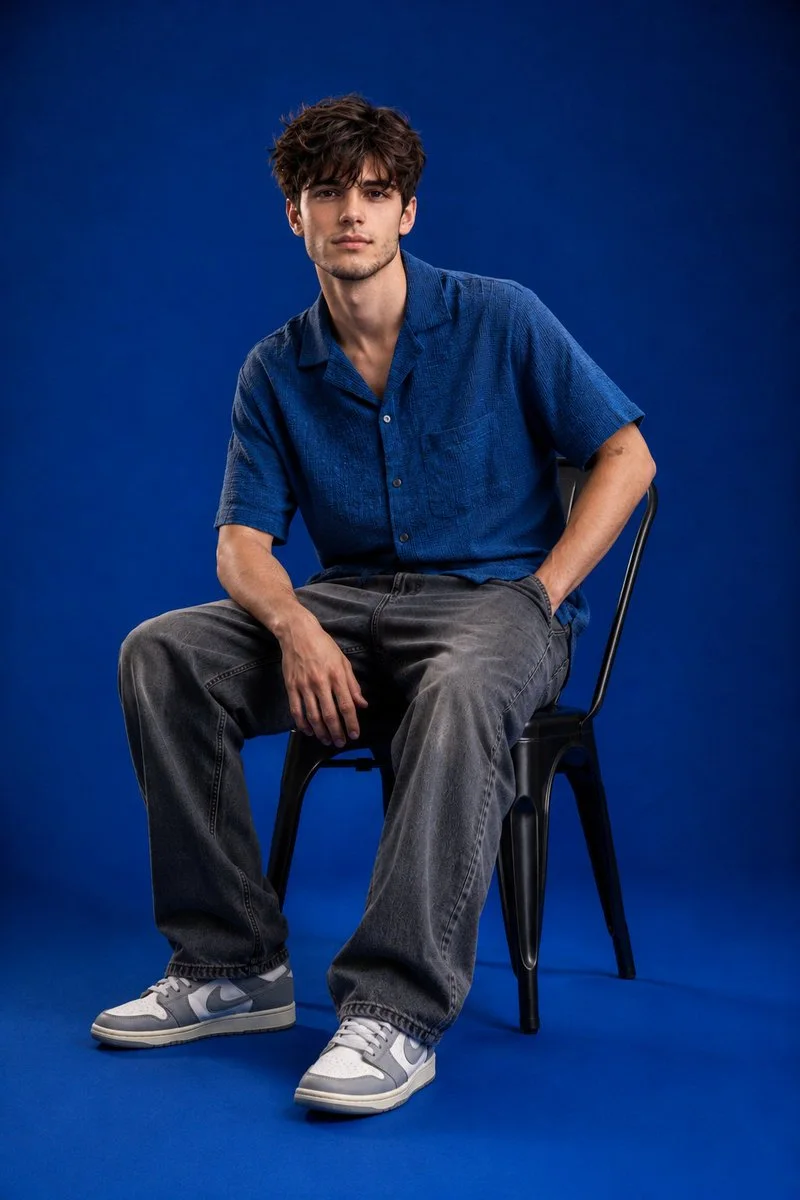 A 2:3 menswear editorial of a seated young man in a blue shirt and dark jeans against a deep blue studio backdrop.