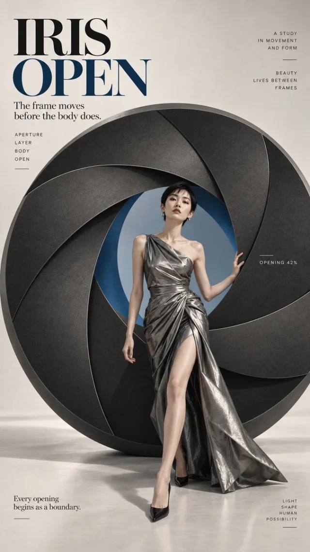 IRIS OPEN: a woman in a metallic silver dress steps through a monumental graphite circular aperture of overlapping blades.