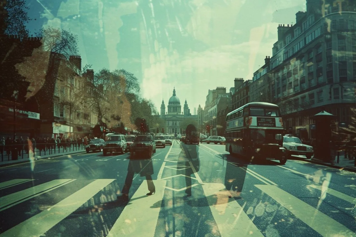 An exaggerated illustrated Polaroid view of Abbey Road with layered pedestrians and traffic.