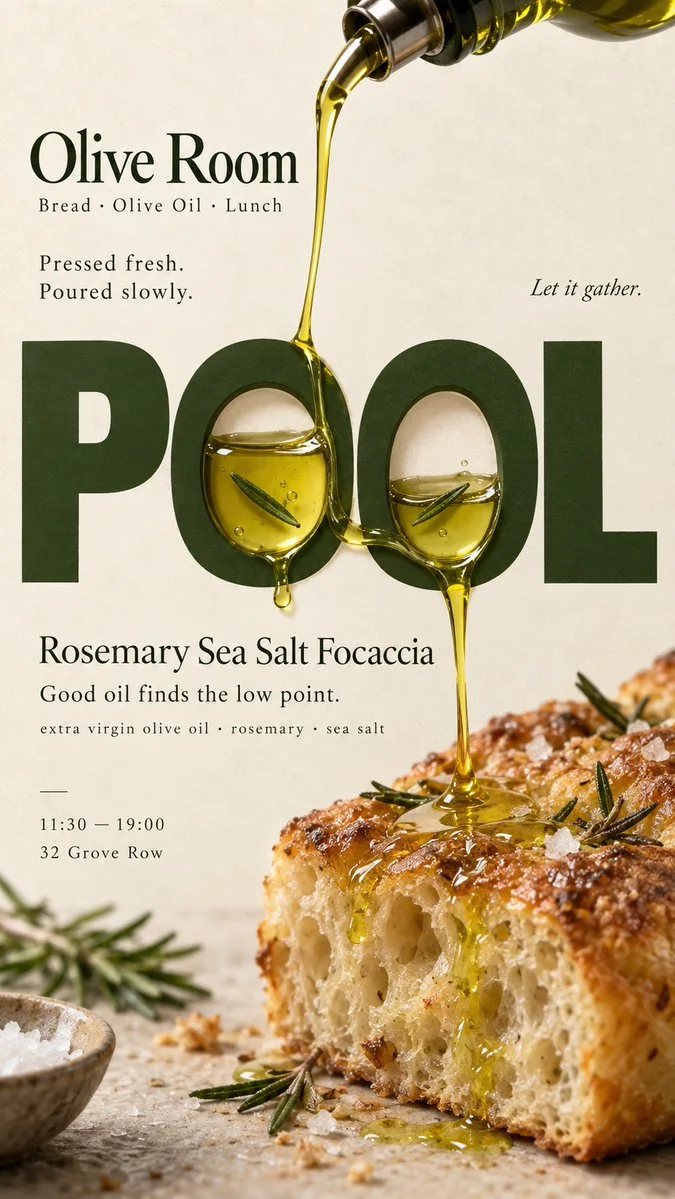 A focaccia poster where olive oil gathers inside the counters of green letters spelling POOL.