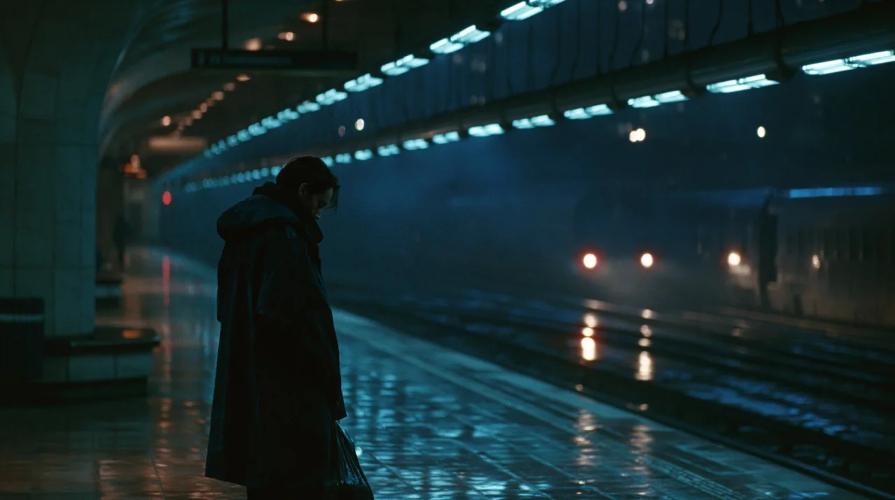 A blue cinematic underground train platform with a lone person standing under fluorescent tube lights and distant train headlights reflecting on wet tiles.