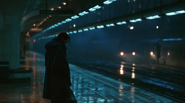 A blue cinematic underground train platform with a lone person standing under fluorescent tube lights and distant train headlights reflecting on wet tiles.