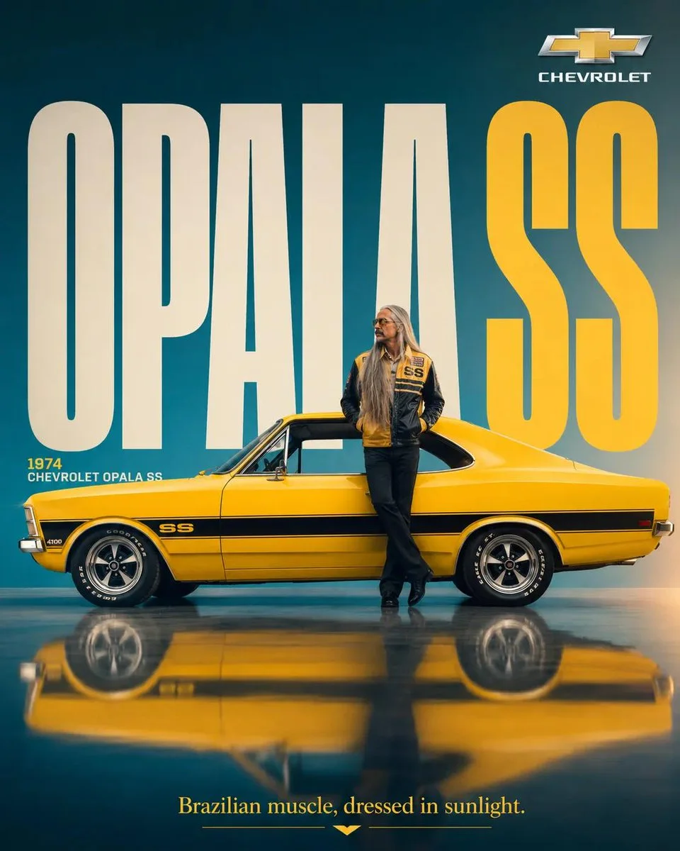 A premium magazine-style car advertisement with a vintage vehicle, glossy floor reflection, bold color palette, and a small tagline at the bottom.
