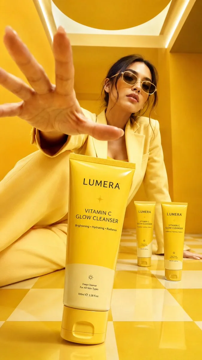 A yellow monochrome luxury skincare campaign showing a stylish woman in a butter-yellow suit and sunglasses reaching toward the camera behind a large LUMERA Vitamin C Glow Cleanser tube, with two smaller matching cleanser tubes, glossy yellow checkerboard